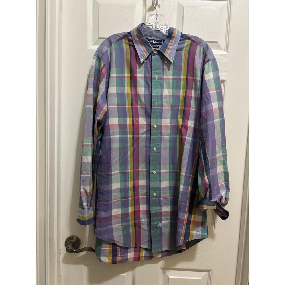 Polo Ralph Lauren Mens Large Pink Blue Purple Beige Plaid Pony Colorful Preppy